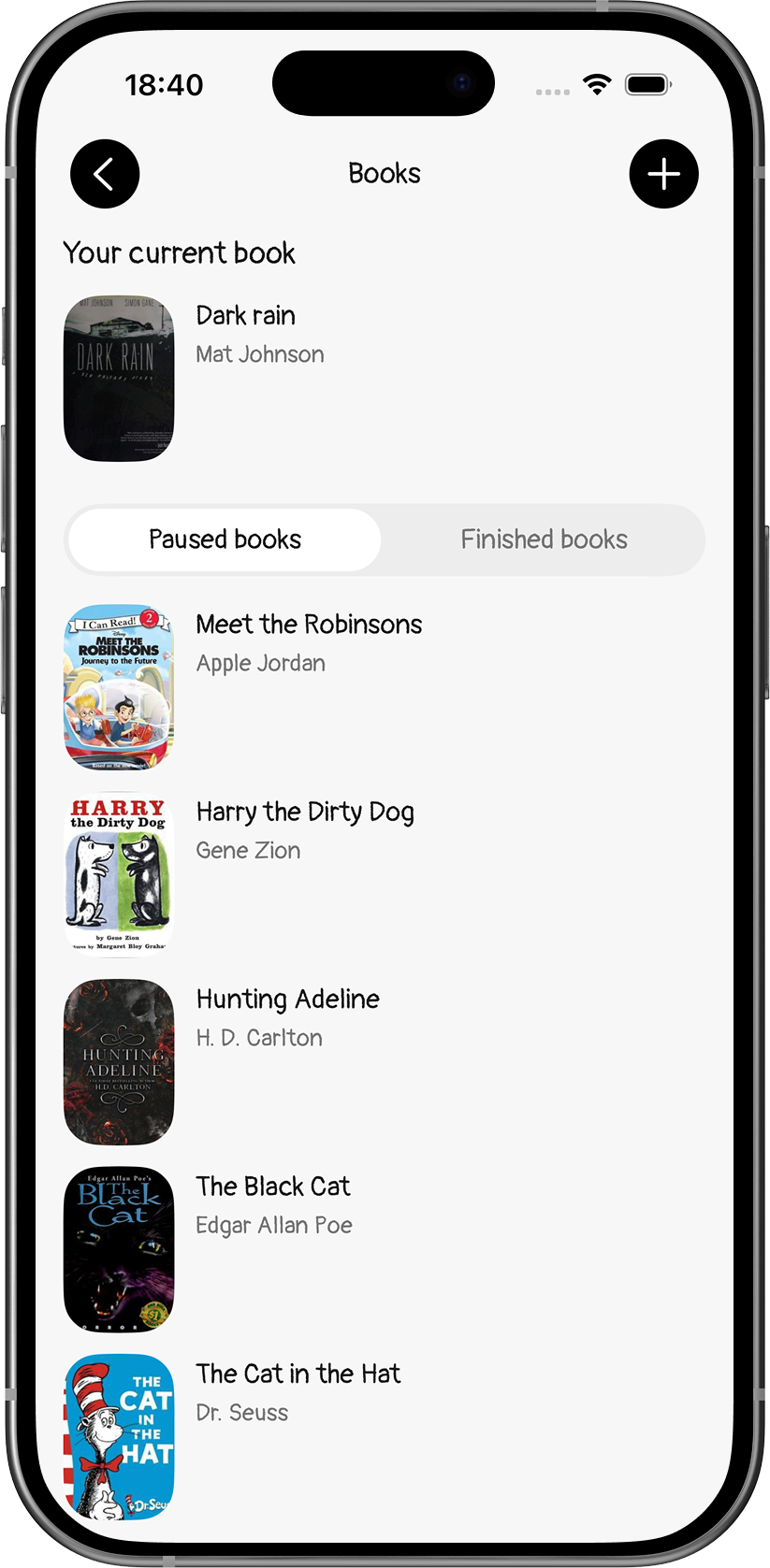 PagePaws library with current, paused, and finished books